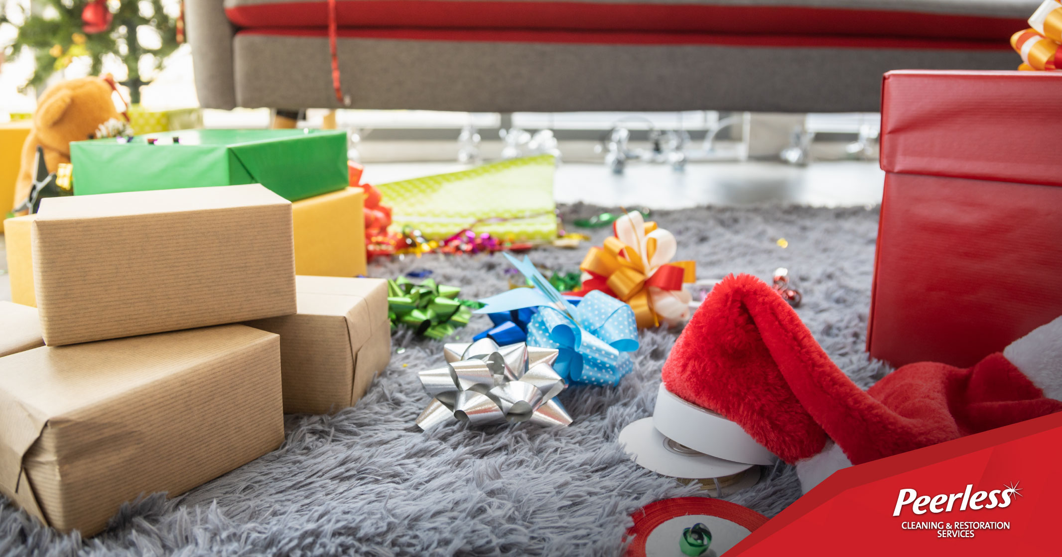 holiday wrappings and decorations covering over carpet